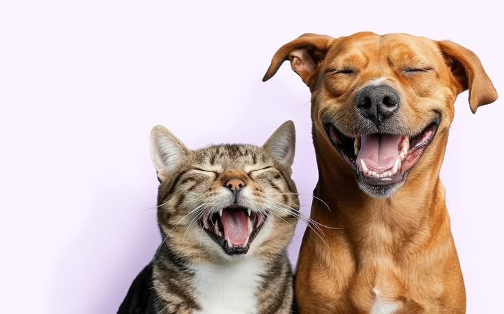 Happy cat and dog enjoying mealtime together, highlighting the benefits of Slow Feeders.