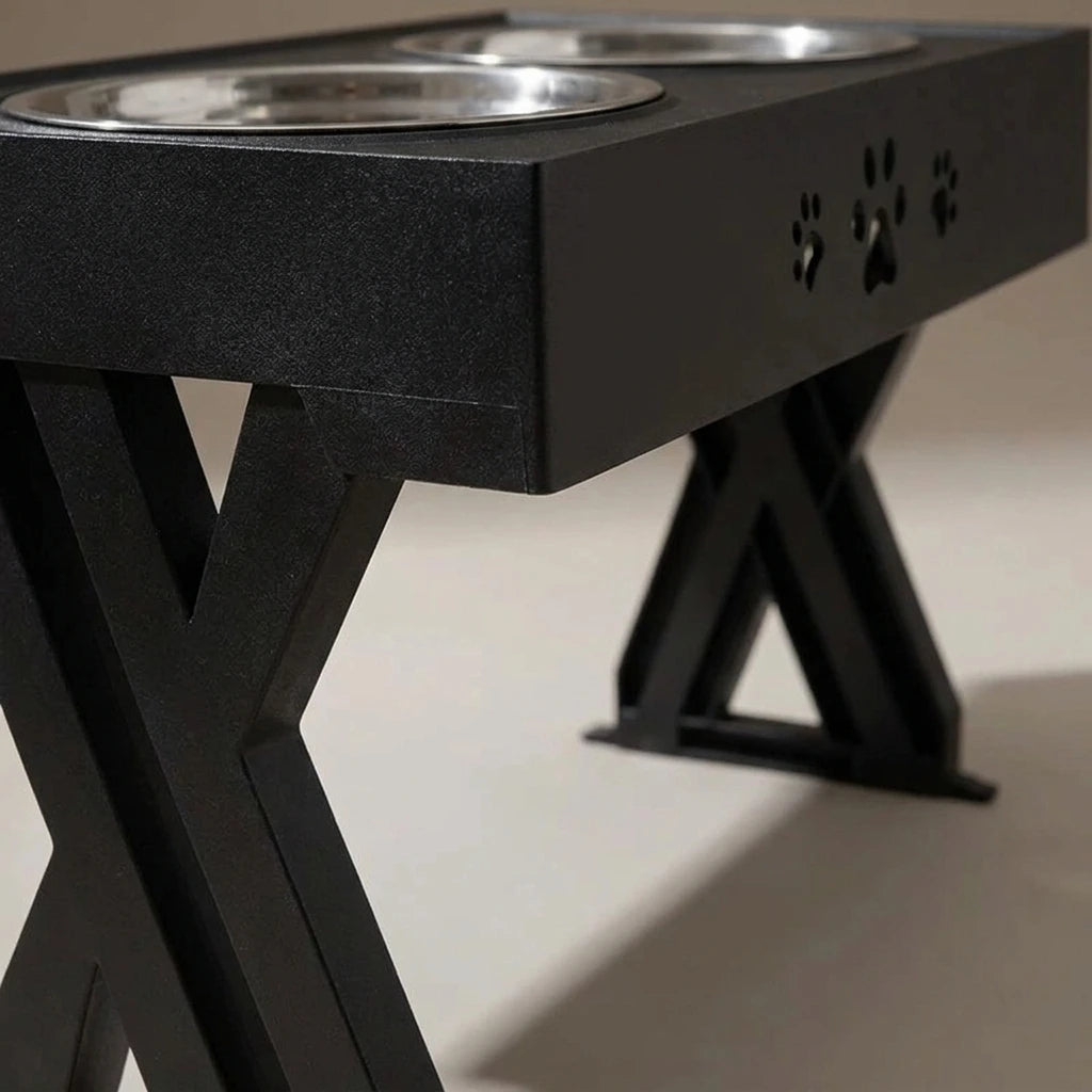 Anti-Slip Elevated Double Dog Bowls Stainless Steel Water Food Container Adjustable Height Pet Feeding Dish Feeder | The second frame of the same studio session as the previous image: same piece, same warm-grey sweep, same single key light.