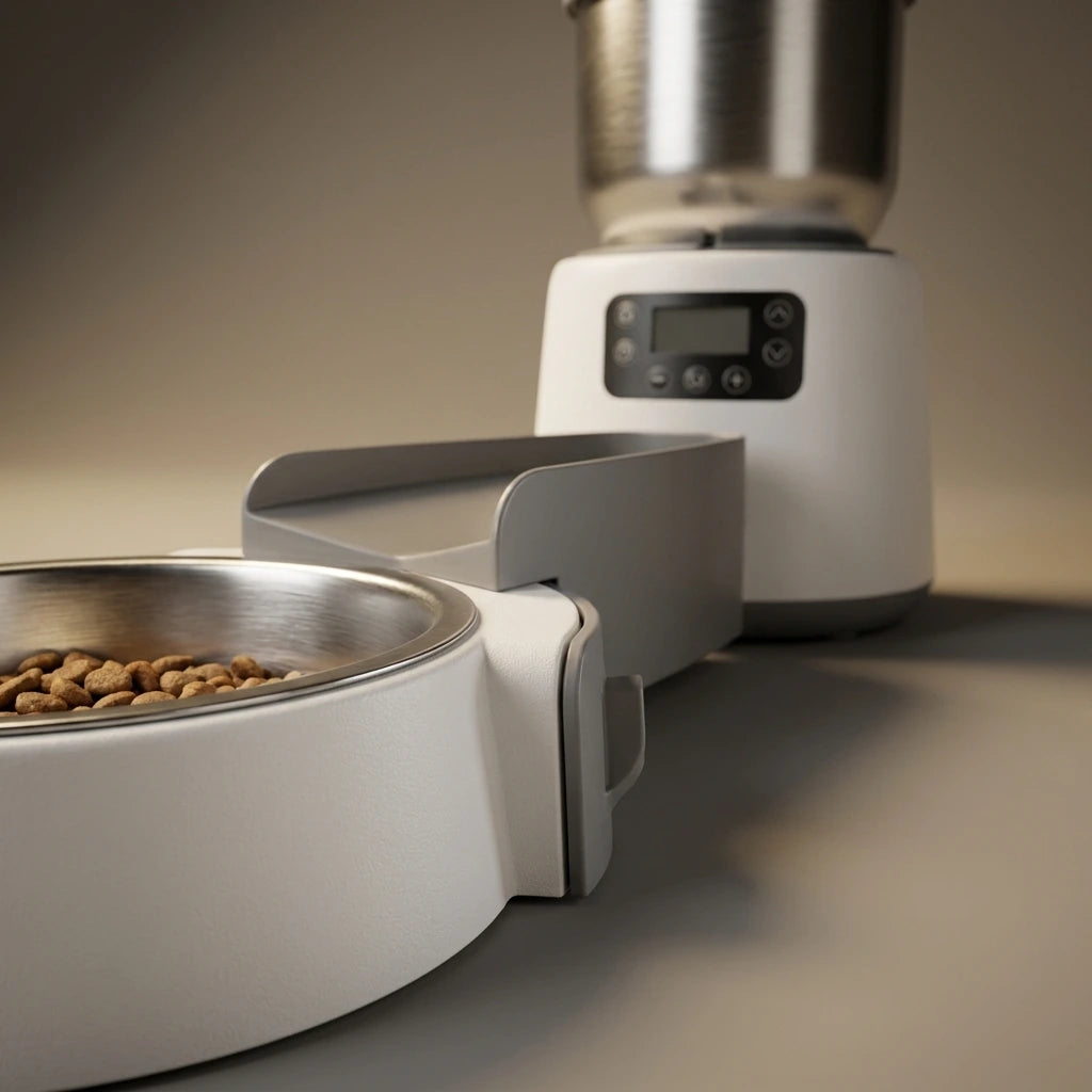 New Stainless Steel Feeder Double Feed Feeder Stainless Steel Feeder | The second frame of the same studio session as the previous image: same piece, same warm-grey sweep, same single key light.