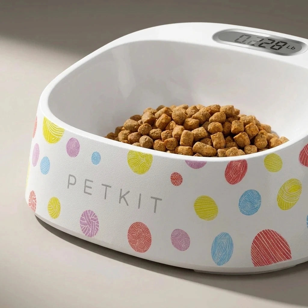 PETKIT Pet smartbowl Dog food bowl digital feeding bowl stand Smart Weighing Large dog slow feeder drinking bowls comedero | The second frame of the same studio session as the previous image: same piece, same warm-grey sweep, same single key light.