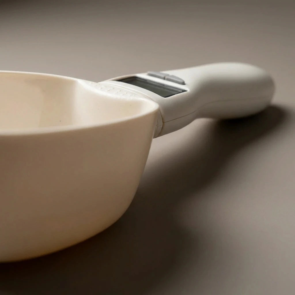 Pet Measuring Spoon Cup Of Pet Dog Food Water Scoop Scale Spoon LED Display Bowl For Cat Pets Feeder Dog Feeding Bowls | The second frame of the same studio session as the previous image: same piece, same warm-grey sweep, same single key light.
