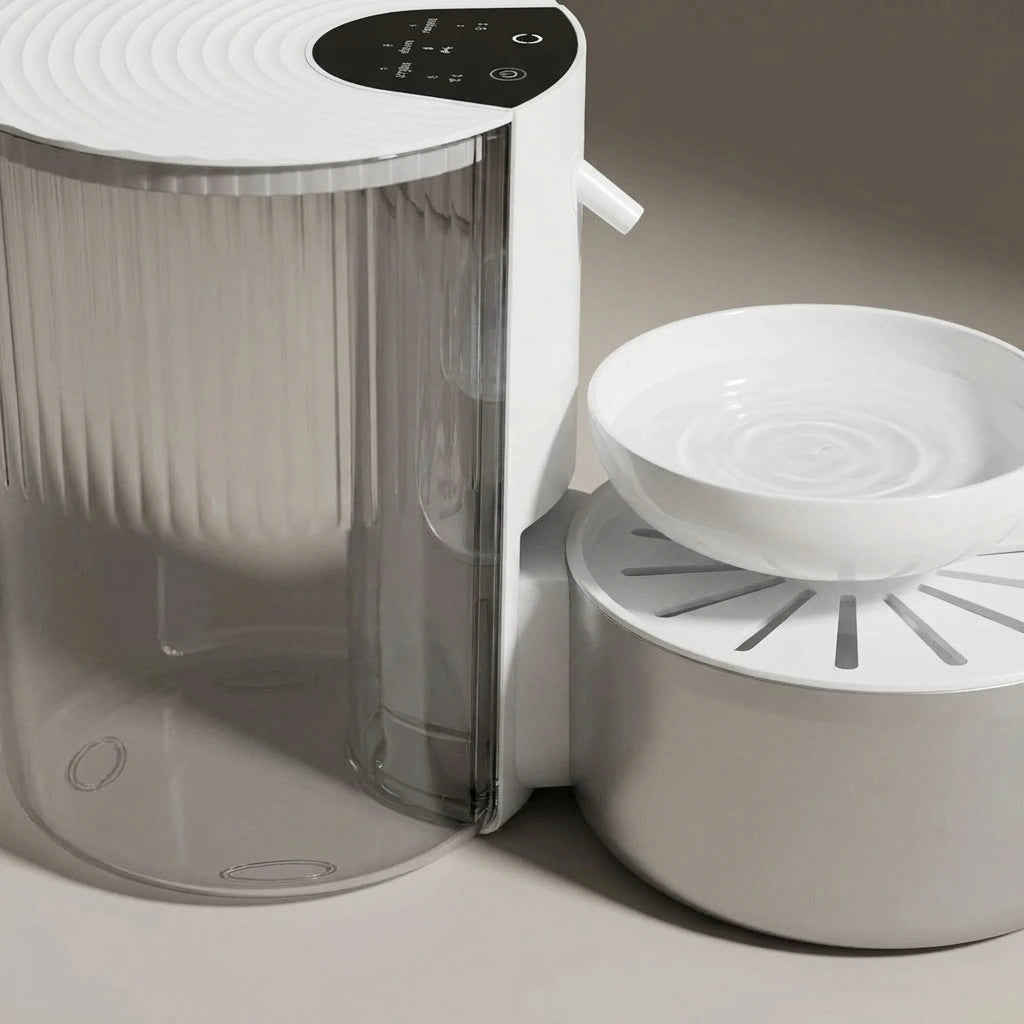Pet Smart Water Dispenser with Filtration and Waste Separation, Tilt-Style Automatic Cat Water Fountain, Wireless 3L Large Capacity Water Dispenser | The second frame of the same studio session as the previous image: same piece, same warm-grey sweep, same single key light.