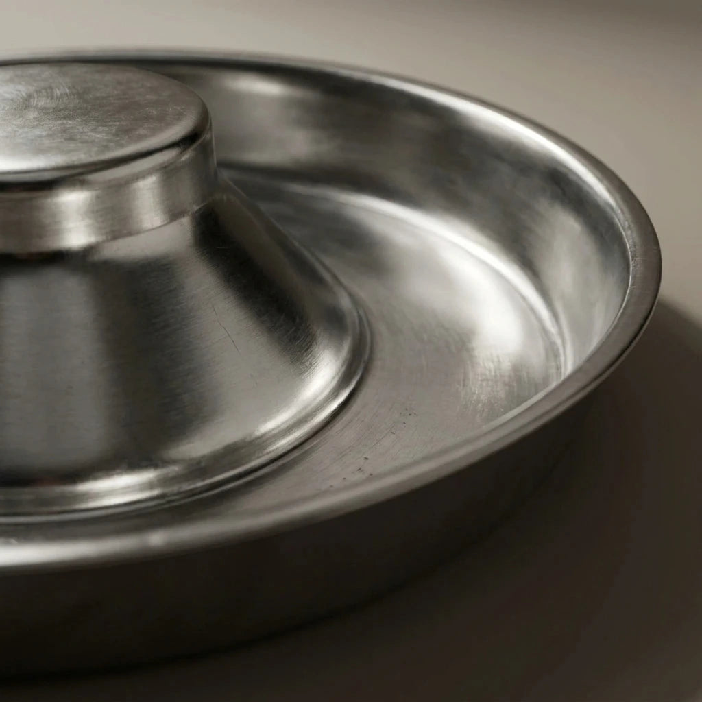 Pet Stainless Steel Dog Bowl Puppy Litter Food Feeding Dish Weaning Silver Stainless Feeder Water Bowl Pets Feeder Bowl | The second frame of the same studio session as the previous image: same piece, same warm-grey sweep, same single key light.